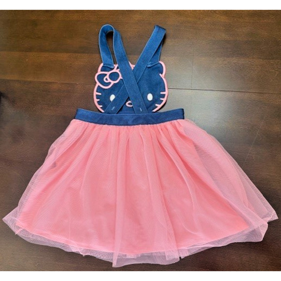 Hello Kitty Sanrio Jumper PINK & Soft Denim Overall Dress Girls Sz 6 Embroidered - Picture 3 of 11